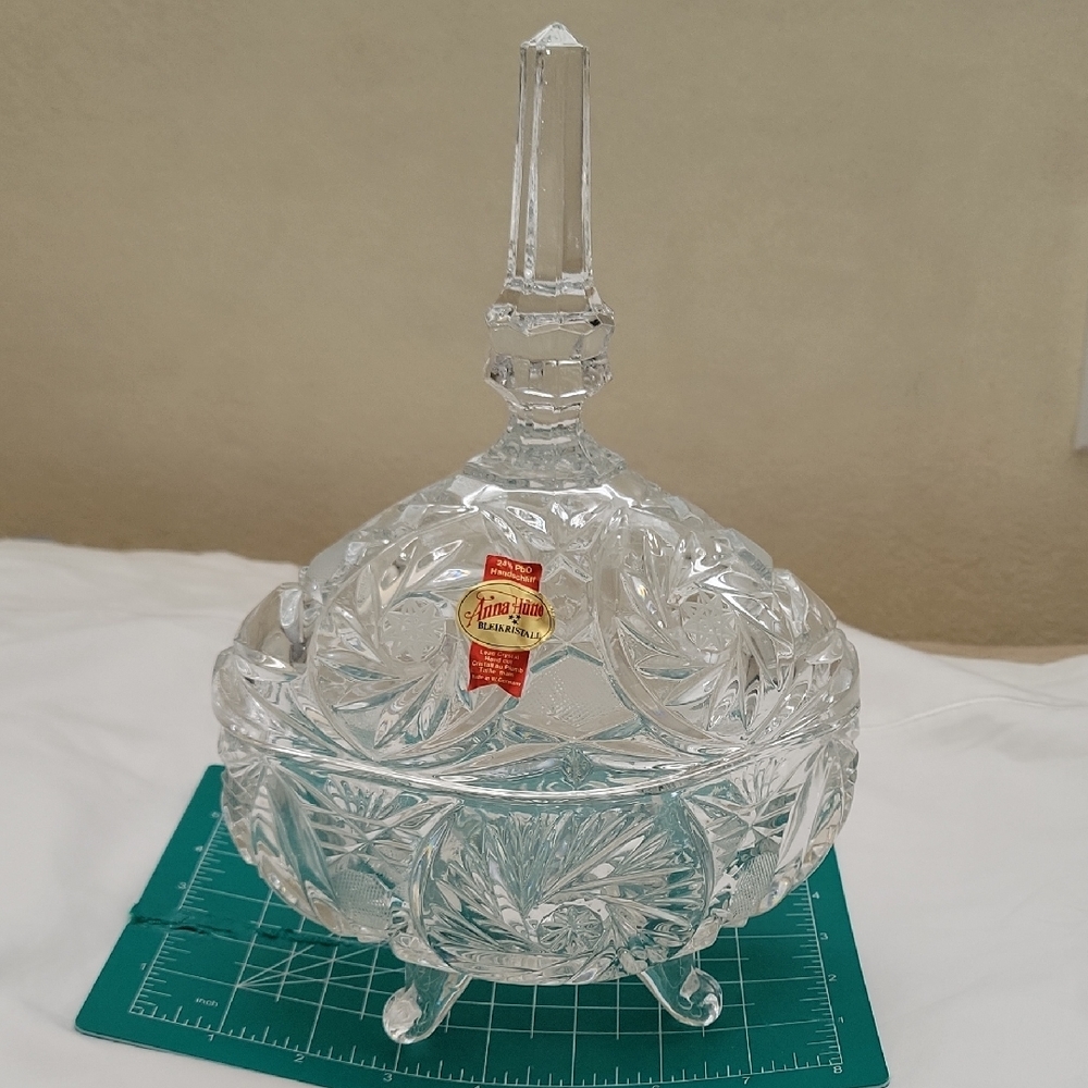 Vintage Anna Hutte Bleikristal Footed Bowl Steeple Stopper Crystal 2 Shakers